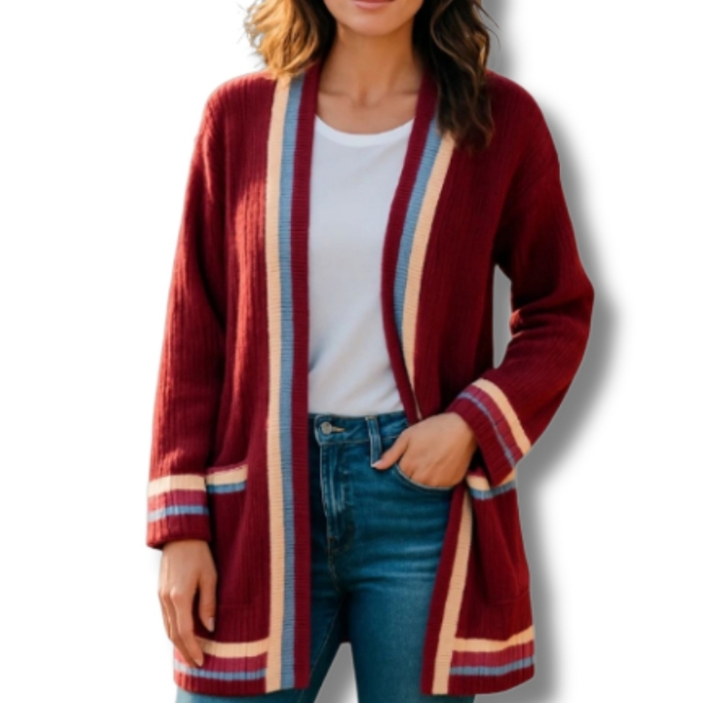 Striped Knit Cardigan Open Front Pockets Burgundy‎ Blue Beige Large